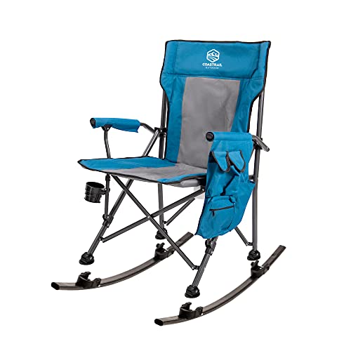 Coastrail Outdoor Folding Rocking Chair with Detachable Rockers 2 in 1 Rocking Camping Chair High Back Lawn Chair Supports up to 350lbs with Cup Holder, Side Storage, Back Pocket for Camp Patio