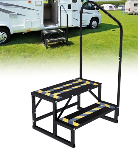 Altyostar RV Steps with Handrail Heavy-Duty 2-Step Camper Entry Step Stairs for 5th Wheel RVs Outdoor Camping Travel Trailers Motorhome Mobile Home Porch Hot Tub Spa Portable Step