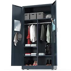 METALTIGER Metal Storage Cabinet Wardrobe – Metal Storage Locker with Locking Doors, Adjustable Shelf Height & Position, Removable Hanging Rods, Mirror & Accessories (Black)