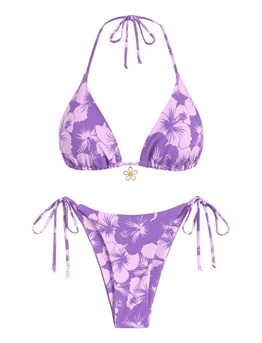 Image of ZAFUL Womens Printed Triangle Bikinis 2 Piece Halter Bikini Sets High Cut Bathing Suit Side Tie Swimsuits