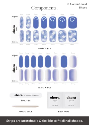 Image of ohora Semi Cured Gel Nail Strips (N Cotton Cloud) - Blue, Patterned, Works with UV /LED Lamps, Salon-Quality, Long Lasting, Easy to Apply & Remove - Includes 2 Prep Pads, Nail File & Wooden Stick