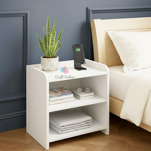 Image of CraftOnline Living Room Nightstand, Decorative End Table for Living Room Bedroom, Bedside Table, White, 25D x 40W x 50H Centimeters