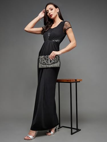 Image of Miss Chase Women's Round Neck Sleeve Embellished Fit Flare Maxi Dress
