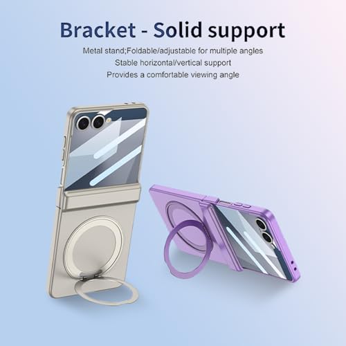 Image of for Samsung Galaxy Z Flip 7 Case with 360 Bracket Ring Holder Magnetic Hinge Protection & Built-in Front Screen Protector, Slim Texture Shockproof Case.(Sliver)