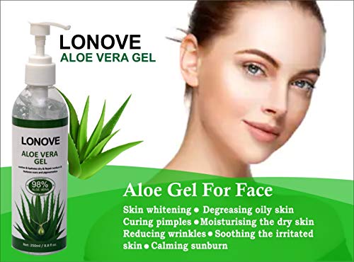 Aloe Vera Gel, LONOVE Aloe Vera for Body & Hair, 98% ORGANIC Pure Aloe Vera Soothing Gel 100% Natural for Face, Body, Hair, Facial Moisturizer, After Sun Body Moisturisers - Care for Sunburn, 250ml