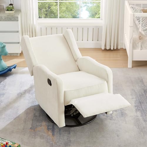 Image of Nursery Glider Recliner Chair for Adults, Modern Swivel Rocker Recliners with Footrest, Comfy Chenille Rocking Chair Nursery for Living Room, Bedroom, Beige