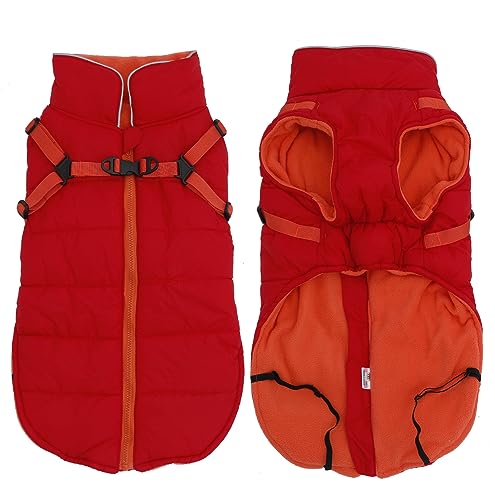 babepet Waterproof Dog Coat with Harness,Small Dog Coat Jacket,Reflective Puppy Clothes with Adjustable Chest Strap,Pet Fleece Lined Jumper for Pet Outdoor-Red-XS