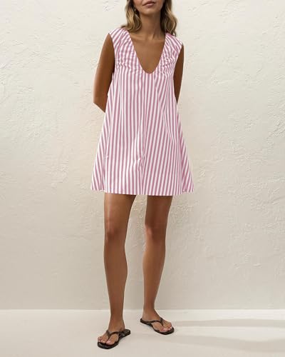 Image of Women Summer Sleeveless Babydoll Mini Dress Scoop Neck Loose Fit Tank Dresses Party Ruched Short Dress with Pockets
