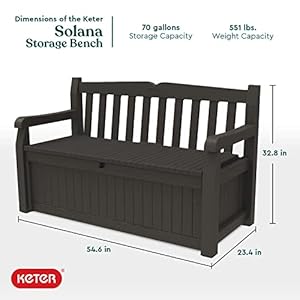 Keter Solana 70 Gallon Storage Bench Deck Box for Patio Furniture, Front Porch Decor and Outdoor Seating – Perfect to Store Garden Tools and Pool Toys, Brown/Brown Keter Solana 70 Gallon Storage Bench Deck Box for Patio Furniture Front Porch Decor and Outdoor Seating–Perfect to Store Garden Tools and Pool Toys BrownBrown