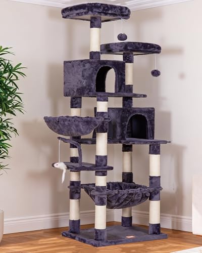 Image of Heybly Cat Tree, 70 inches Tall Cat Tower for Indoor Large Cats HCT032G | Big Cat Condo with Toy , Cat House Furniture with Padded Plush Perch, Cozy Hammock and Sisal Scratching Posts, Smoky Gray