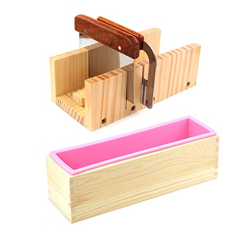 Adjustable Wooden Soap Loaf Cutter Mold and Soap Cutter Set - 1pcs Stainless Steel Straight Cutter + 1pcs Wavy Cutter + 1pcs Rectangle Silicone Mold with Wood Box