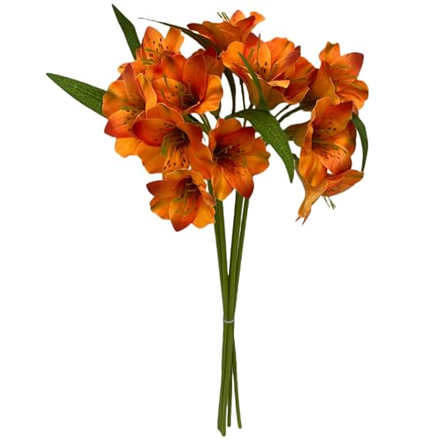 BQEE Bouquet de lys sauvages artificiels, 42 cm, fleurs de lys artificiels au toucher réaliste pour mariage, décoration de maison et restaurant, plusieurs couleurs disponibles (orange)