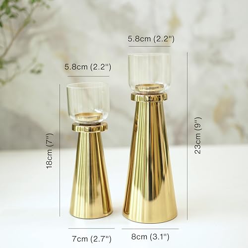 Image of Behoma Handcrafted Gold Tea Light Candle Holders Pack of 5 Sets | Premium Metal & Glass Candle Stand Set | Decorative Table Centerpiece for Home Decor, Diwali, Wedding & Housewarming