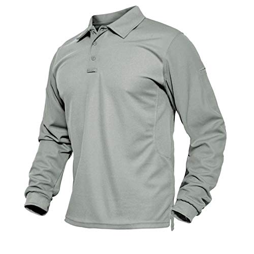 BIYLACLESEN Mens Army T Shirt Mens Long Sleeve T Shirts Tactical Polo Shirts for Men Pique Polo Shirt Quick Dry Hiking Polo Shirt Light Grey