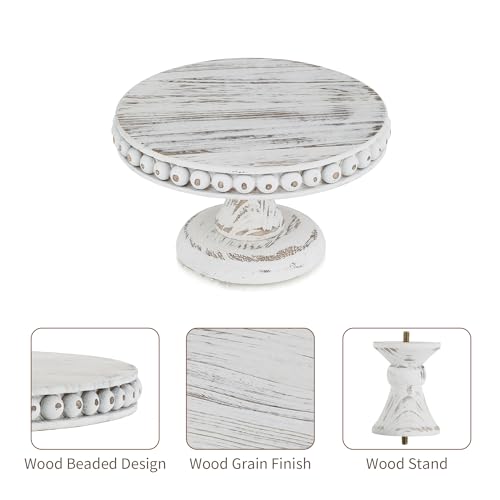Hanobe Small Wood Cake Stand: White Cupcake Pedestal Stand 8 inch Dessert Display Riser Rustic Round Cakes Holder Tray Vintage Beads Wooden Plate for Wedding Birthday Decor - Image 5