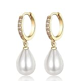 Sterling Silver Pearl Earrings for Women, Gold Drop Hoop Earrings with Cubic Zirconia Hypoallergenic Round Teardrop Pearl Dangle Earring for Birthday Christmas