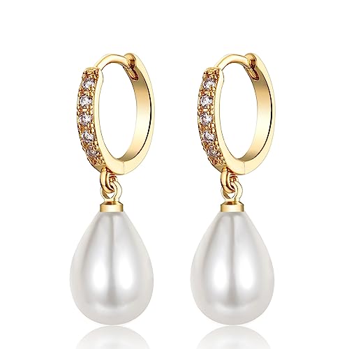 Image of Sterling Silver Pearl Earrings for Women, Gold Drop Hoop Earrings with Cubic Zirconia Hypoallergenic Round Teardrop Pearl Dangle Earring for Birthday Christmas