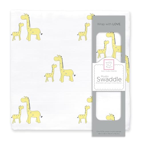 Image of SwaddleDesigns Cotton Muslin Swaddle Blanket, Receiving Blanket for Baby Boys & Girls, Best Registry Gift, 46x46 inches, Little Giraffes, Yellow