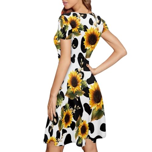 Image of HUGS IDEA Womens Puffy Swing Midi Dress Round Neck Short Sleeve Party A-Line Dresses