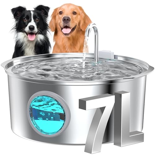 Dog Water Fountain for Drinking: Stainless Steel Cat Water Fountain for Drinking – 7L/236oz/1.8G Quiet Pet Fountain Water Bowl – Convenient Handle-Design – for Large Dogs Cats & Multi-Pets Home