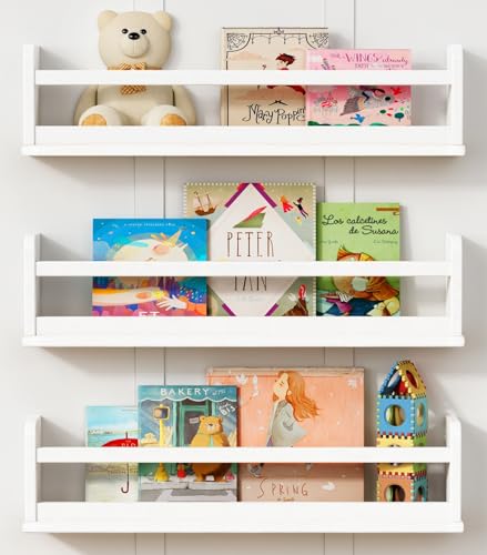 Image of Harwaya White Wall Bookshelf for Kids Room, 24 Inch Toddler Nursery Bookshelf Wall Mounted for Baby Boy Girl Bedroom, Floating Childrens Book Shelves with Hanging Rod for Books - Set of 3
