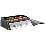 Outsunny Plancha gaz 3 brûleurs 7,5 kW, surface cuisson 61 x 35,5 cm avec couvercle, gaz liquéfié/propane, portable pour extérieur, jusqu'à 6/8 convives, noir
