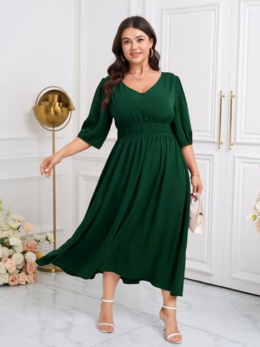 Image of SCOMCHIC Women Plus Size Dresses V Neck 3 /4 Sleeve Smocked High Waist Summer Flowy A Line Maxi Dress