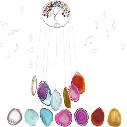 Mornajina 7 Chakra Unique Tree of Life Crystal Wind Chimes Outdoor Indoor Large Agate Slices Wind Chimes for Outside Garden Yard Patio Home Decoration Wall Hanging Ornament Decor