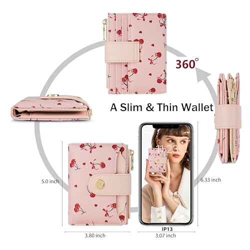 Image of Small Womens Wallet,Bifold Leather Wallet for Women RFID Card Holder Ladies Compact Pocket Wallet for Crossbody Bag (Cherry)