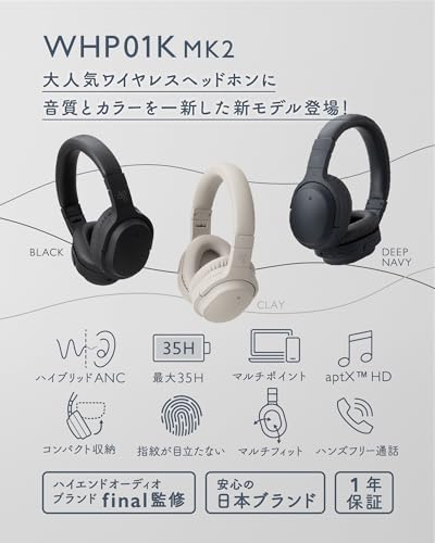 ag WHP01K MK2 aptX HD対応 Bluetooth ANCイズキャンセリング機能 ワイヤレスヘッドホン 35時間再生 マイク付き Deep Navy 商品画像2