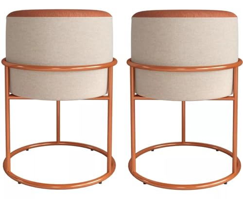 Kit 2 Puff Banqueta Iron Em Couro E Linho Decorativo Argola Pés De Ferro Aço Carbono