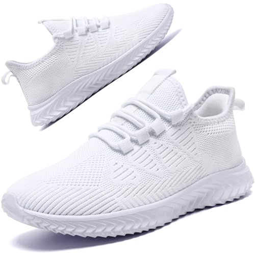Mens Trainers Running Shoes Tennis Sports Sneakers Slip On Outdoor Breathable Lightweight Training Walking Jogging Gym Athletic Fitness Fashion Sneakers White Size 10