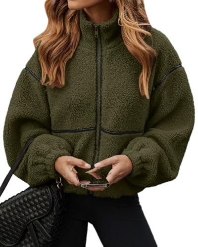 Glamaker Womens Sherpa Fuzzy Fleece Jackets Casual Warm Winter Zip Up Long Sleeve Fluffy Coats 2025 FAll With Pockets Army Green