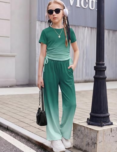 Image of Arshiner Girls 2 Piece Outfit Ruched Drawstring Tops and Wide Leg Pants Set