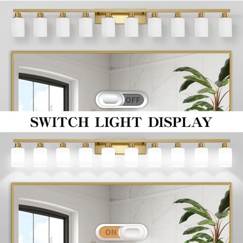 Image of Gold Vanity Light 10-Light Brushed Gold Bathroom Light Fixture 64in | White Frosted Ribbed Glass Shade Bathroom Lights over Mirror Modern Wall Lamp Sconces for Mirror Bedroom Hallway E26 Base
