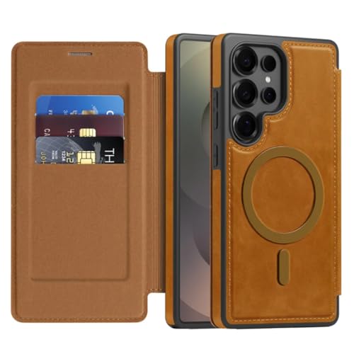 Housse de luxe Galaxy S23 marron finition cuir avec fentes cartes et fermoir aimanté