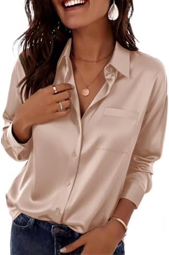 Zeagoo Satin Bluse Damen V-Ausschnitt Elegant Langarm Hemd mit Knöpfe S-XXL | Business Satinbluse | Einfarbig Hemden | Casual Oberteile | Langarmshirt | Festliche Blusen | Hemdblus