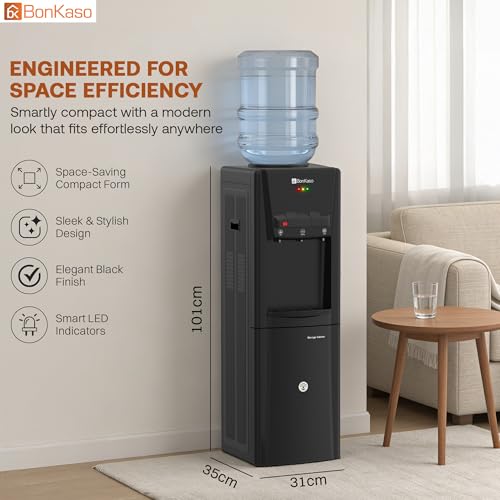 Image of BonKaso Top Loading Hot, Cold & Normal Water Dispenser | 20L Non-refrigerated Cabinet | Food-Grade ABS Body, LED Indicator, Child Lock, Removable Drip Tray | 1 Year Warranty | Black