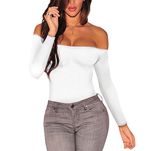 Eiffel Women's Long Sleeves Bodysuit Off Shoulder Leotard Jumpsuits Rompers Tops ((Us 4-6)Small, White) #TOP2