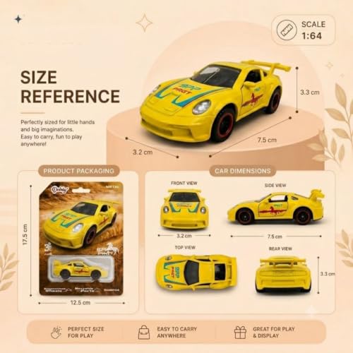Image of 1:64 Scale Yellow Die Cast Metal Sports Car Model Toy Premium Collectible Miniature Replica with Realistic Detailing, Smooth Free Rolling Wheels for Display, Collection and Gift