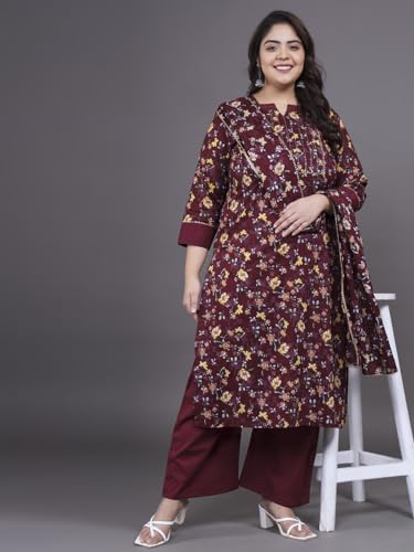 Image of Tissu Plus Women's Maroon Zari Work Printed Pure Cotton Kurta & Palazzo with Dupatta