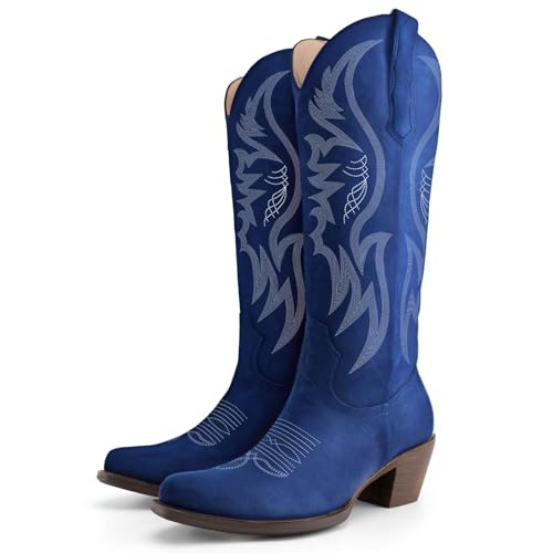 Image of KaroNairy Women Cowboy Boots Faux Suede Embroidered Pointed Thick Heeled Western Wide Calf Cowgirl Ponited Toe Mid Calf Boots