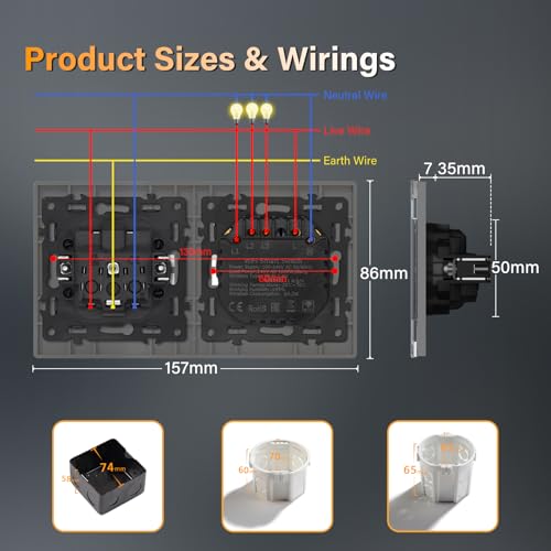 BSEED Steckdose mit Lichtschalter Unterputz 3 Fach 1 Weg WIFI Smart Lichtschalter (Neutralleiter Erforderlich), Compatibel mit Alexa/Google Home，157mm，Wei&szlig;