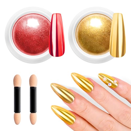 BISHENGYF Polvo de Uñas Cromado de con Efecto Espejo Festivo, 2 Colores (Oro, Rojo), Reluciente, Ideal para Uñas de Gel UV, Acrílicas y Naturales, DIY Decoración Navideña