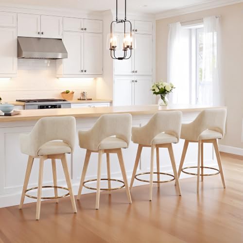 Image of Zesthouse Swivel Bar Stools Set of 4, Wooden Counter Height Bar Stools with Arm & Back, Upholstered Linen Fabric Barstools with Solid Wood Legs & Gold Metal Ring, High Chairs for Kitchen Island, Beige