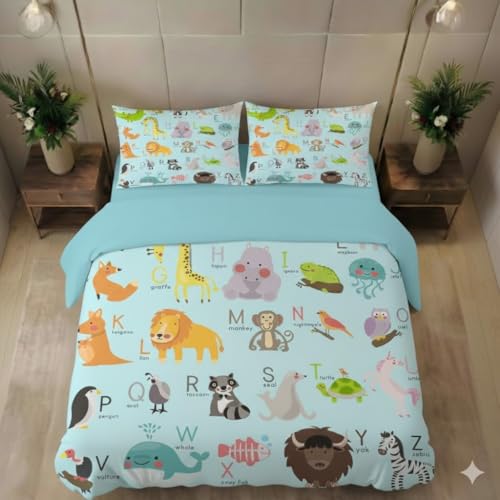 TIB® Glace Cotton Kids Bedsheet Double Bed, 7d Bedsheet King Size with 2 Pillow Covers, 90x100, Color Name (Blue Alphabe)