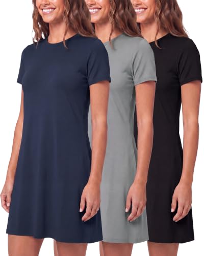 Image of Real Essentials 3 Pack: Women's Short Sleeve T Shirt Dress Swing Loose Casual Lounge Everyday Outfit (Available in Plus)