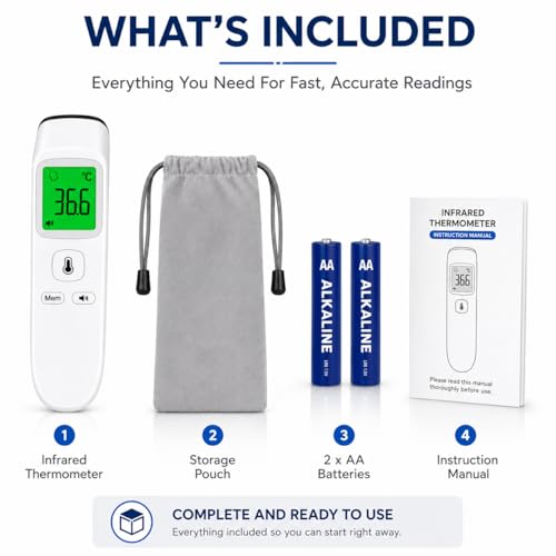 Infrared Thermometer for Adults and Kids, Digital Thermometer with Fever Alarm & Mute Mode, Fast Accurate Result, Easy to Use for All Ages