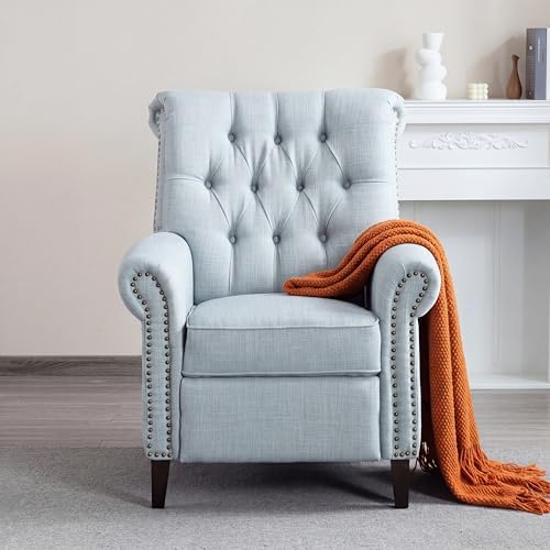 Image of Oversized Tufted Linen Manual Single Lounge Recliner Chair, Blue | Tufted Linen Fabric Manual Recliner Chair, Oversized Lazy Boy Recliner with Rolled Armrest, Breathable Fabric