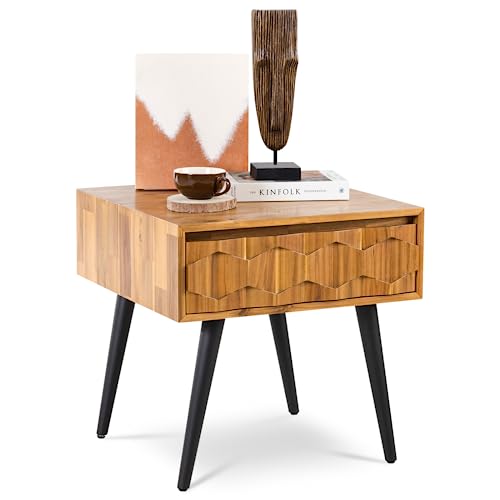 Bme Georgina Solid Wood Mid-Century Modern Side Table with Drawer – Fully Assembled Bedside Table with Rustic Geometric Pattern for Living Room or Bedroom